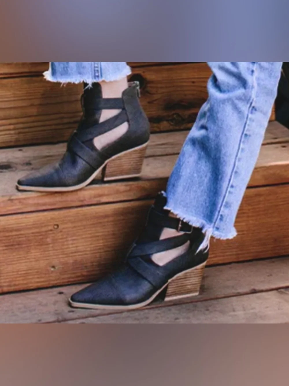 Yellowbox Black Canoly Cut-out Booties/Stacked Wooden Heel: Size 7
